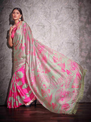 Two ways wearable grey and pink colored digital printed floral satin saree with tassles