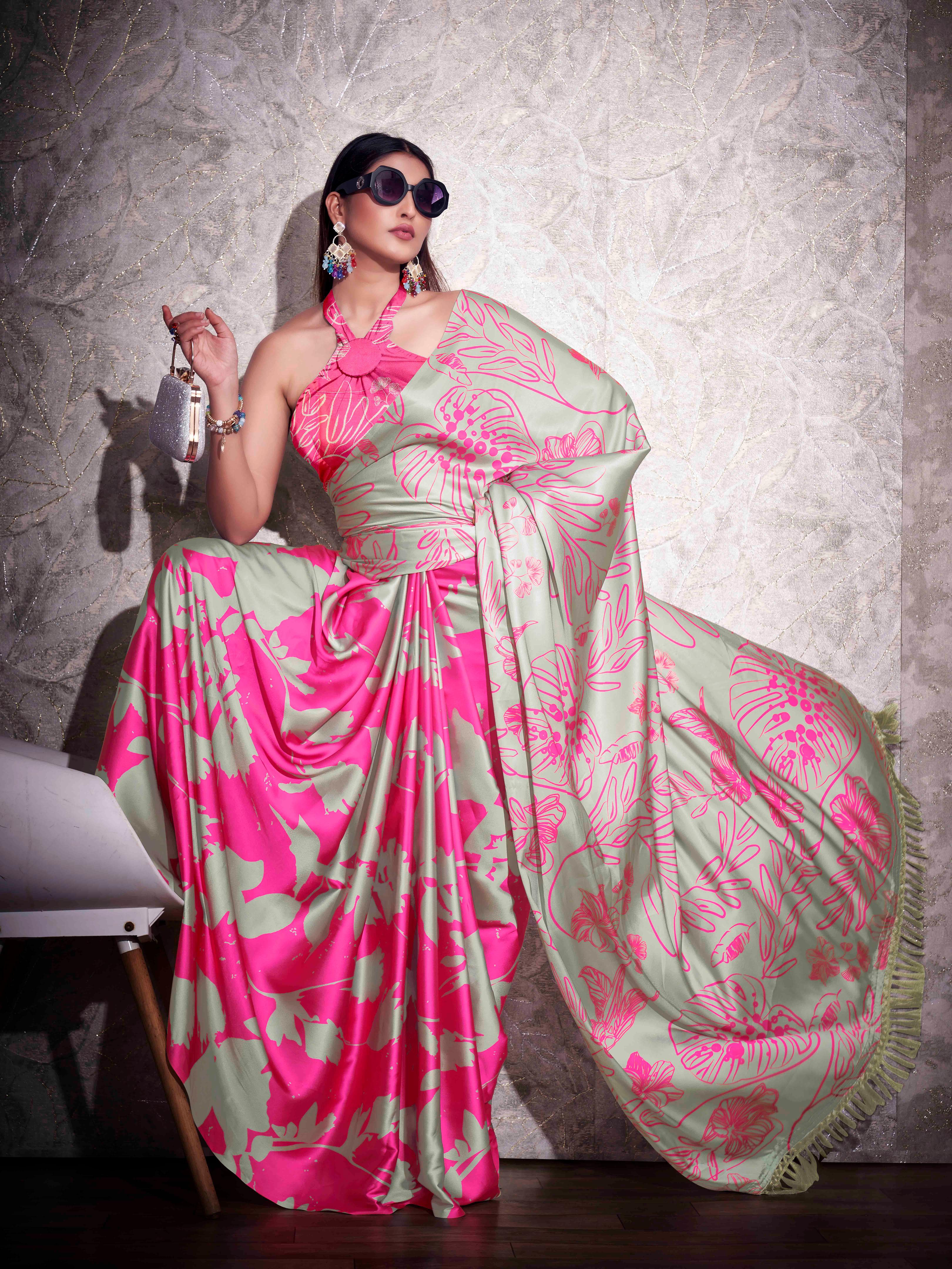 Two ways wearable grey and pink colored digital printed floral satin saree with tassles