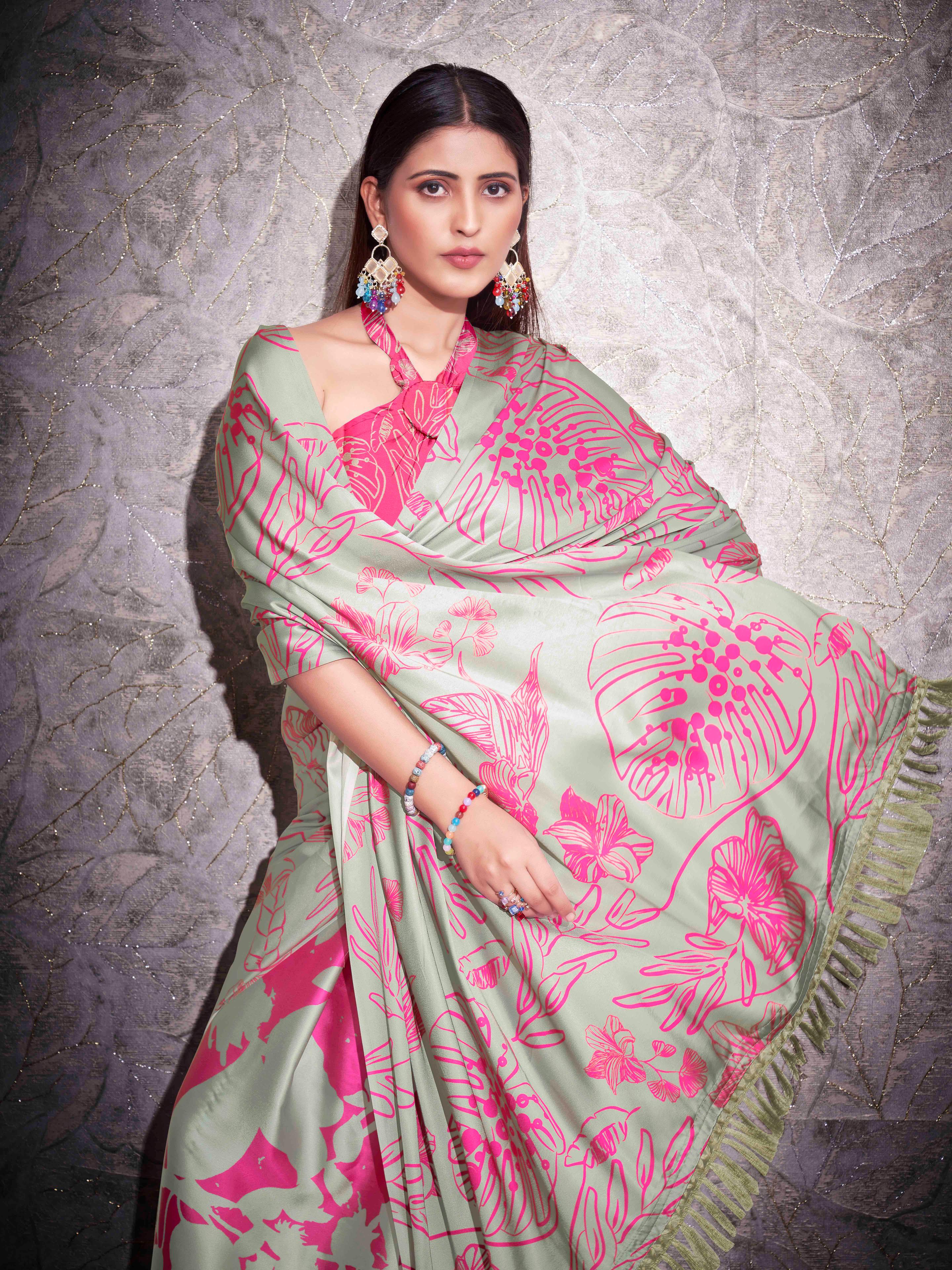 Two ways wearable grey and pink colored digital printed floral satin saree with tassles