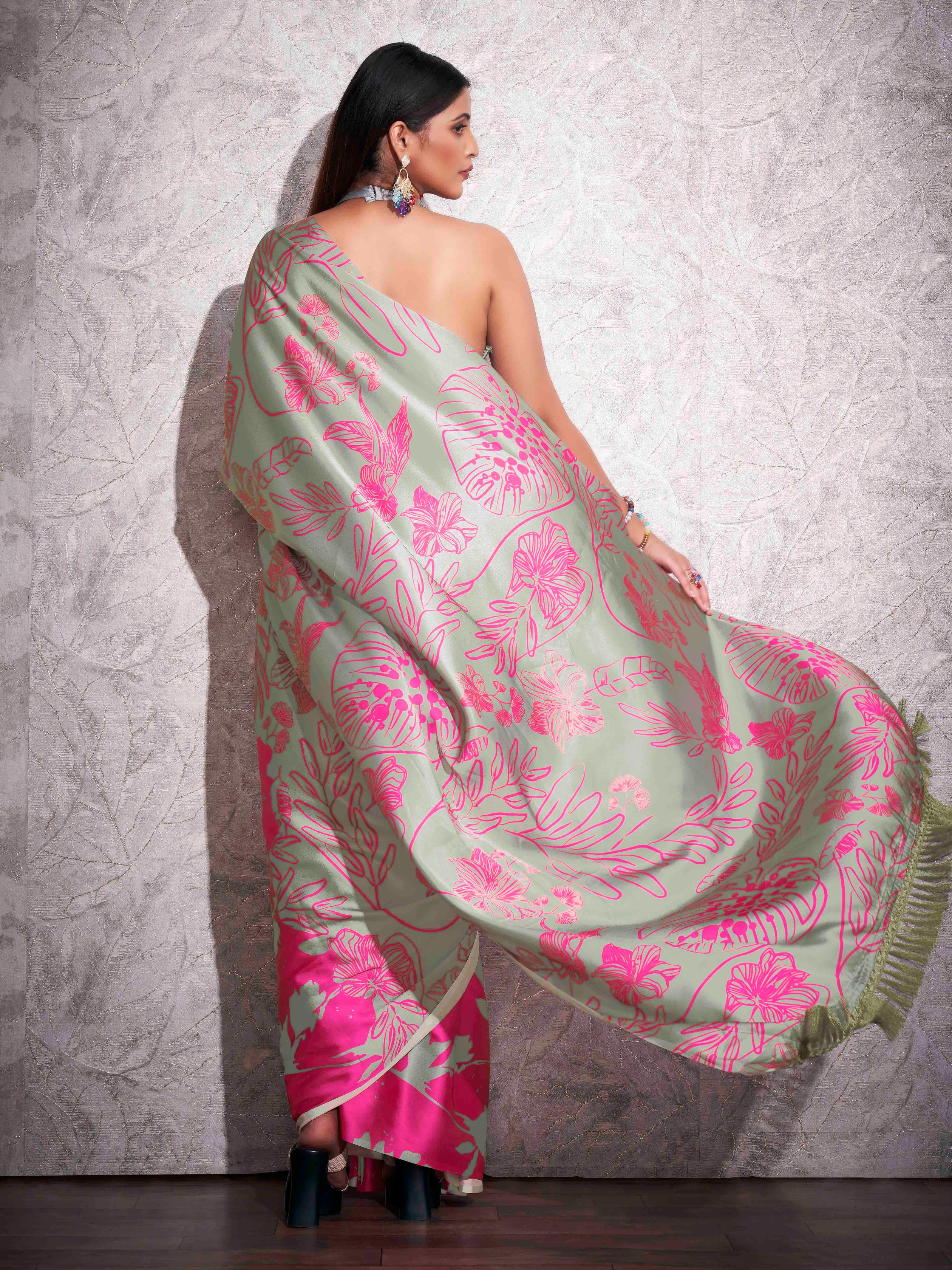 Two ways wearable grey and pink colored digital printed floral satin saree with tassles