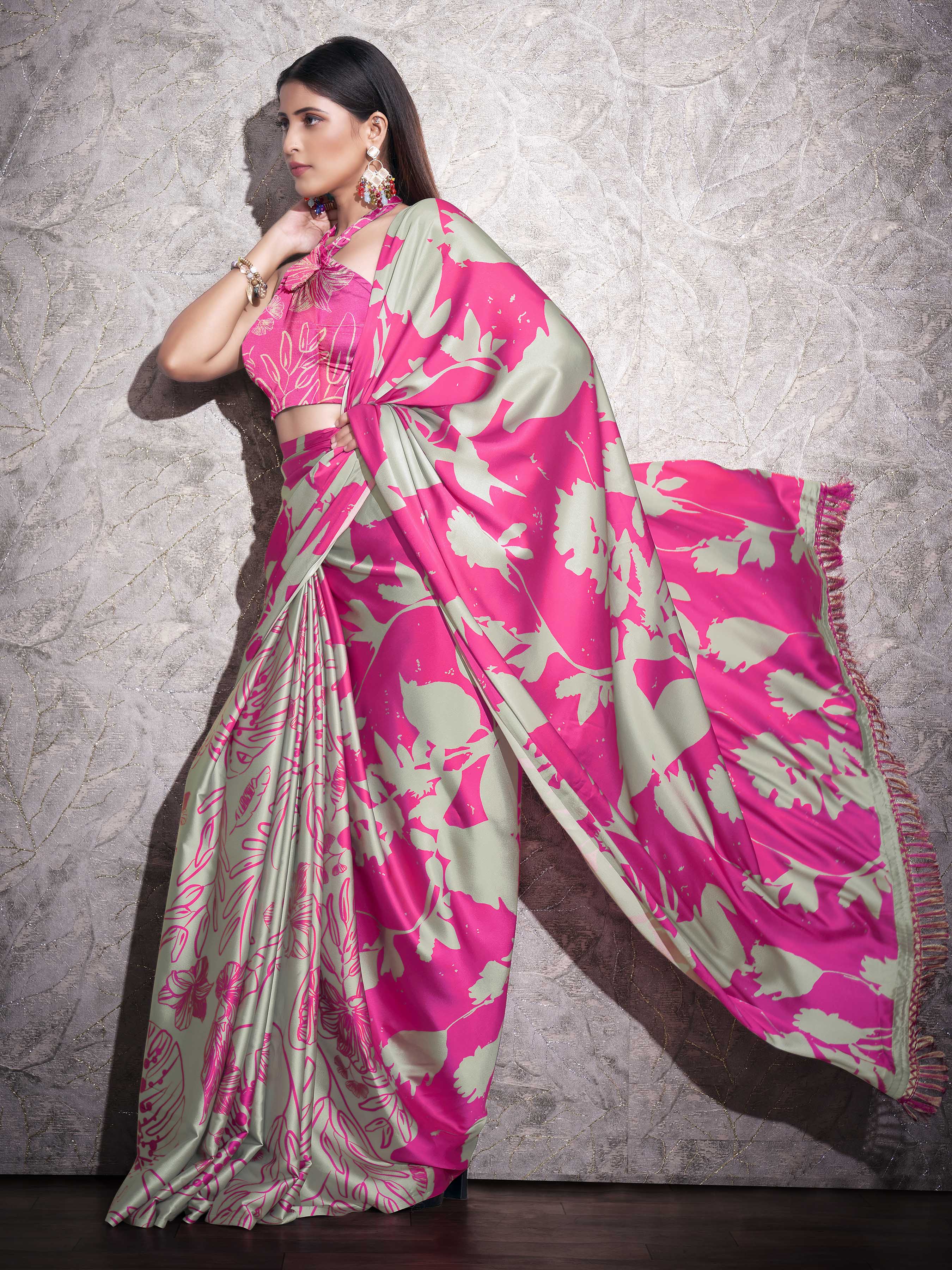 Two ways wearable grey and pink colored digital printed floral satin saree with tassles