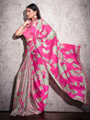 Two ways wearable grey and pink colored digital printed floral satin saree with tassles