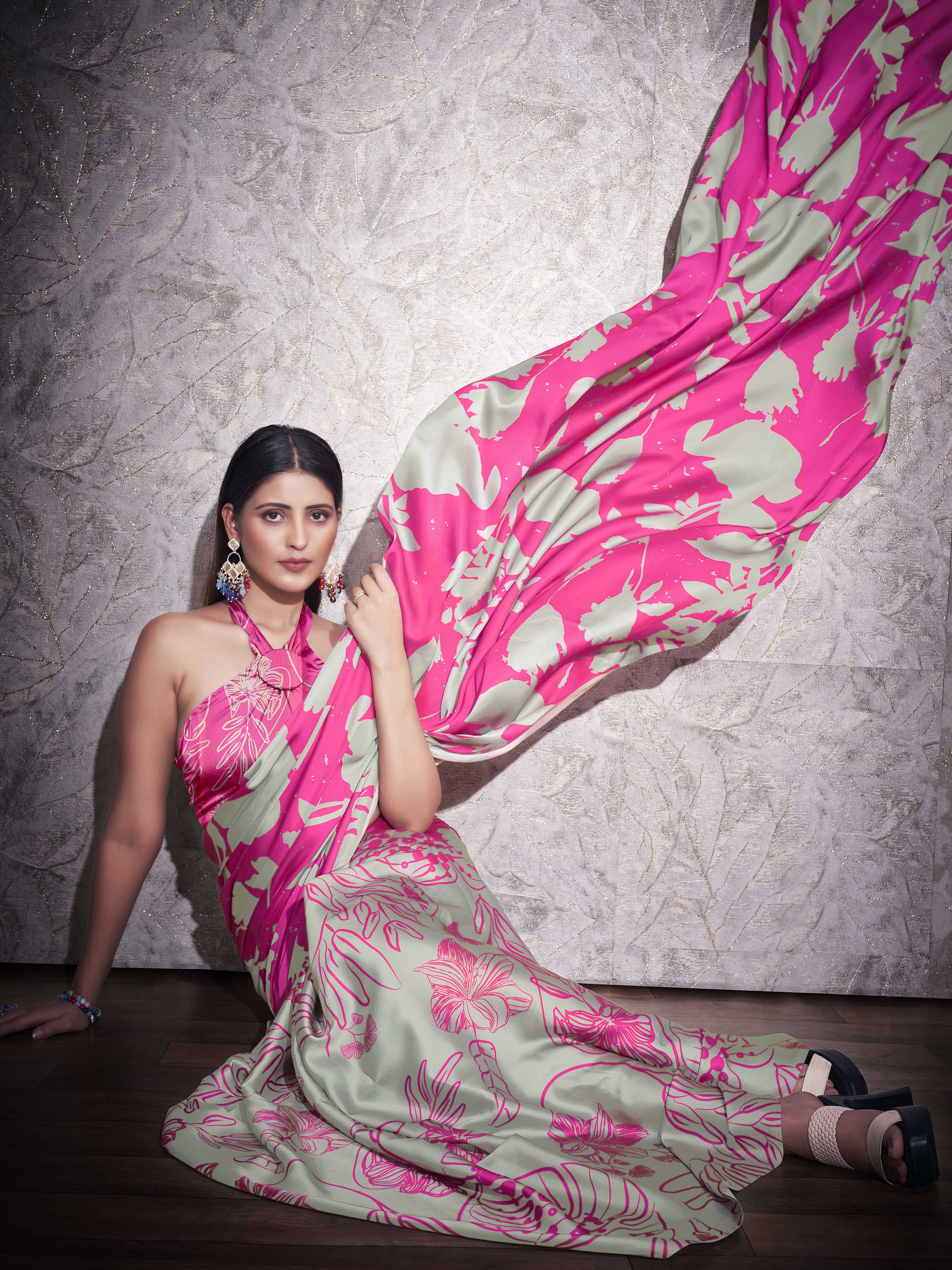 Two ways wearable grey and pink colored digital printed floral satin saree with tassles