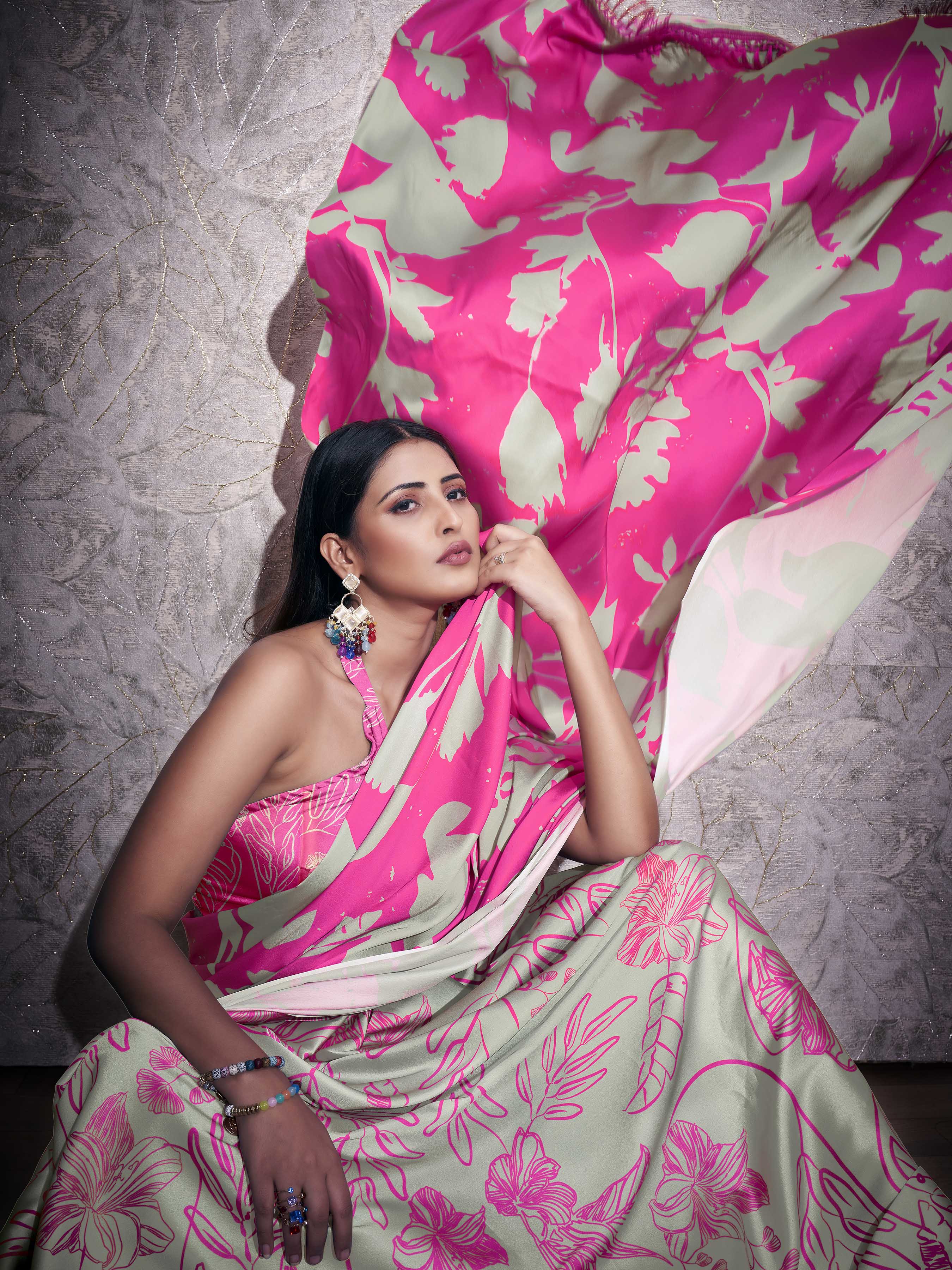 Two ways wearable grey and pink colored digital printed floral satin saree with tassles