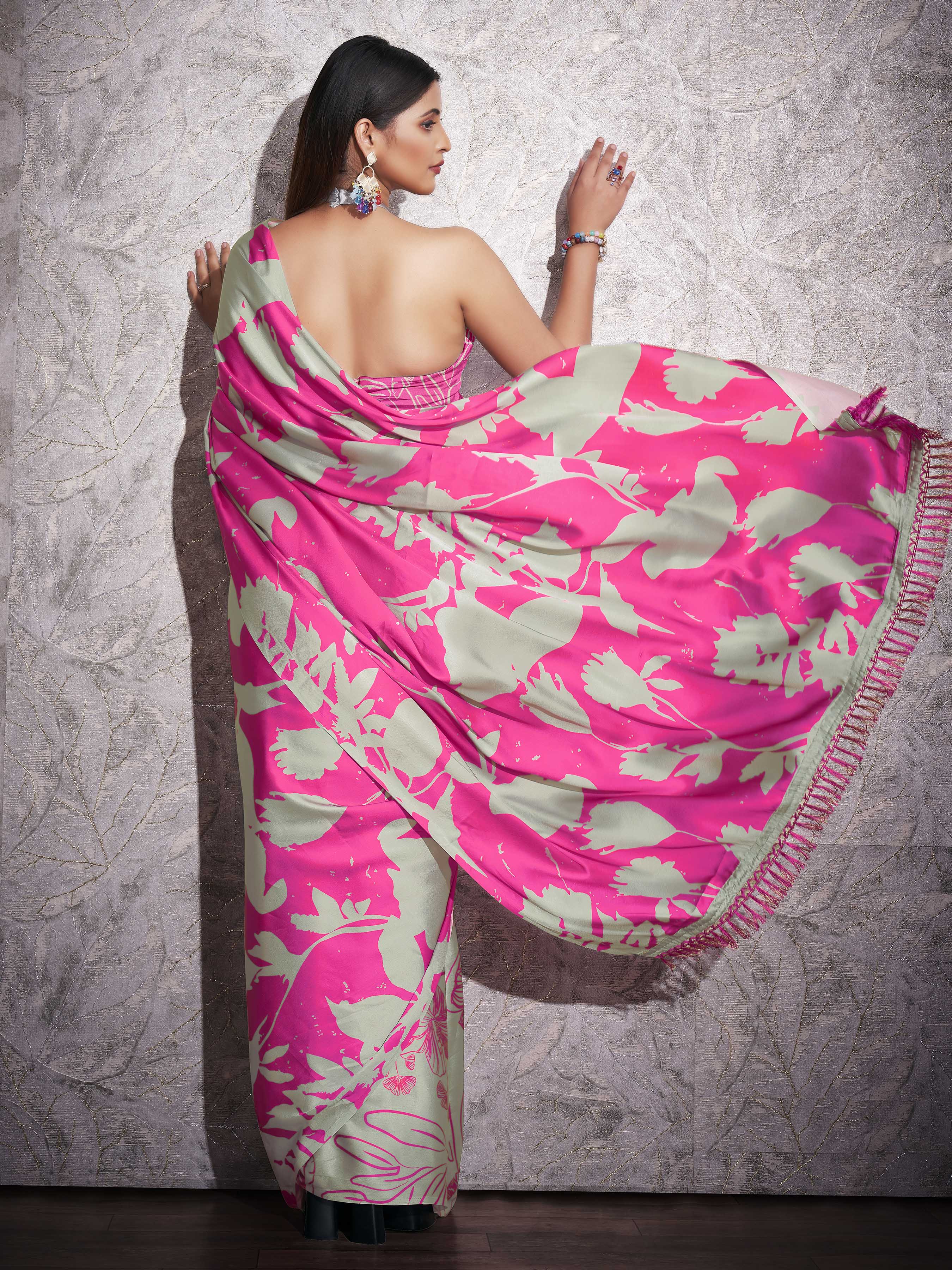 Two ways wearable grey and pink colored digital printed floral satin saree with tassles