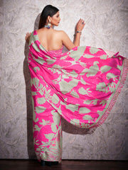 Two ways wearable grey and pink colored digital printed floral satin saree with tassles