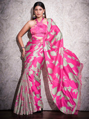 Two ways wearable grey and pink colored digital printed floral satin saree with tassles