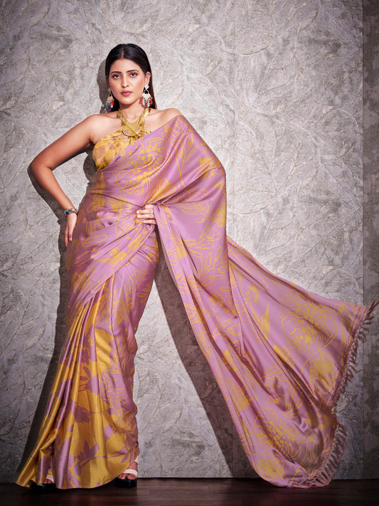 Two ways wearable lavendar and mustard colored digital printed floral satin saree with tassles