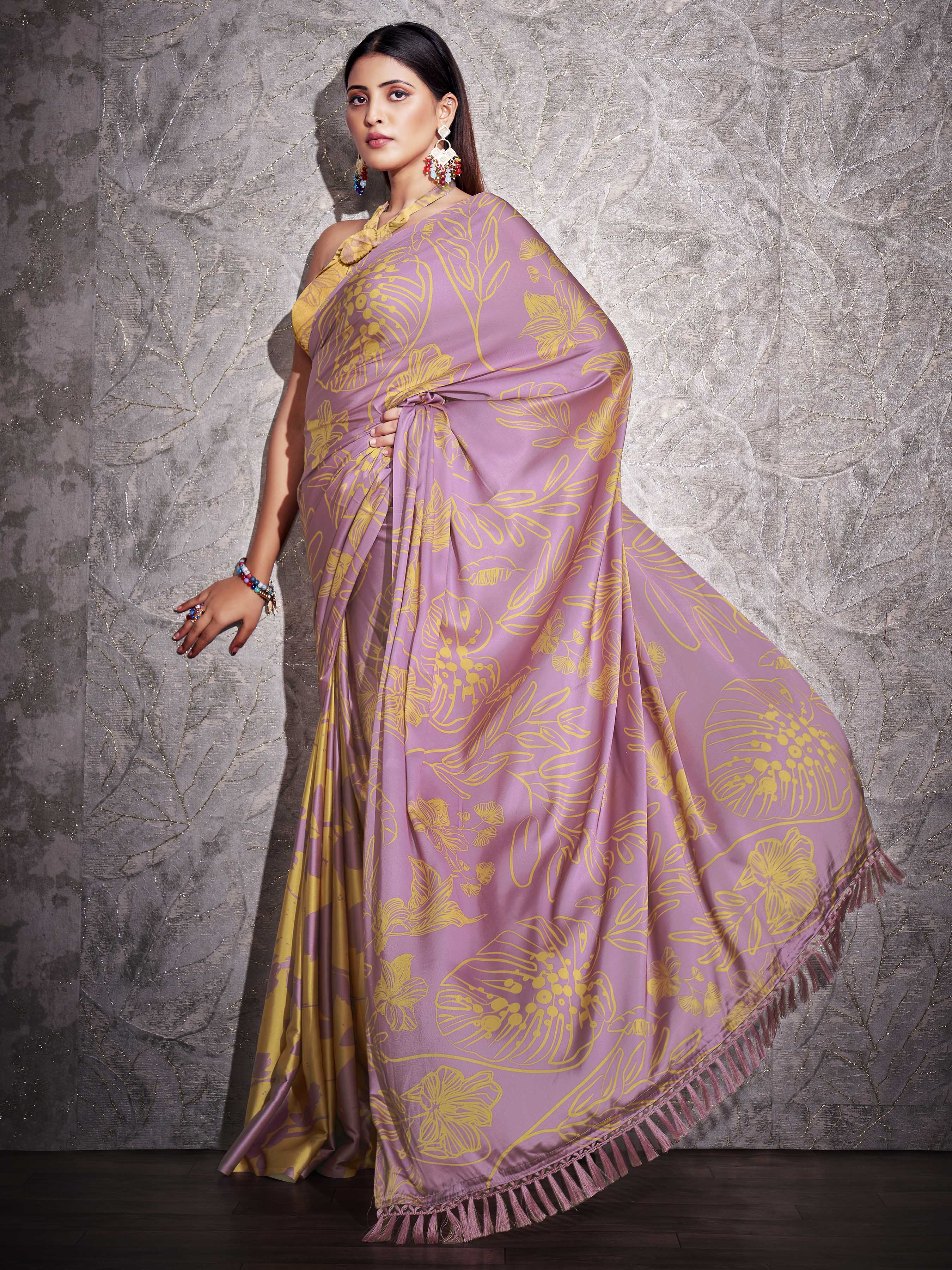 Two ways wearable lavendar and mustard colored digital printed floral satin saree with tassles