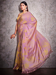 Two ways wearable lavendar and mustard colored digital printed floral satin saree with tassles