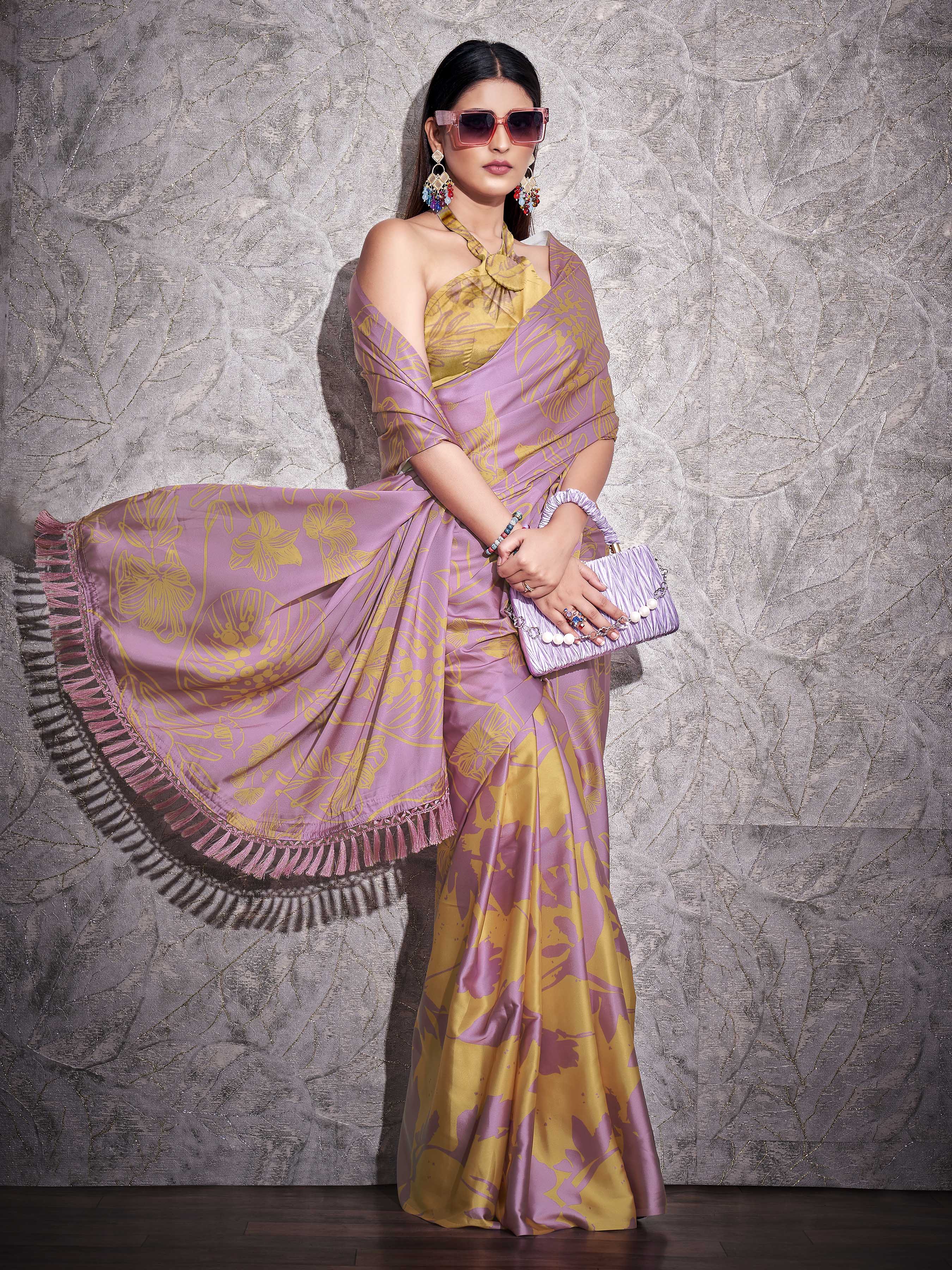 Two ways wearable lavendar and mustard colored digital printed floral satin saree with tassles