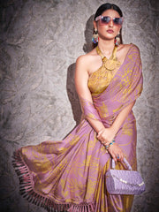 Two ways wearable lavendar and mustard colored digital printed floral satin saree with tassles