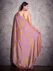 Two ways wearable lavendar and mustard colored digital printed floral satin saree with tassles