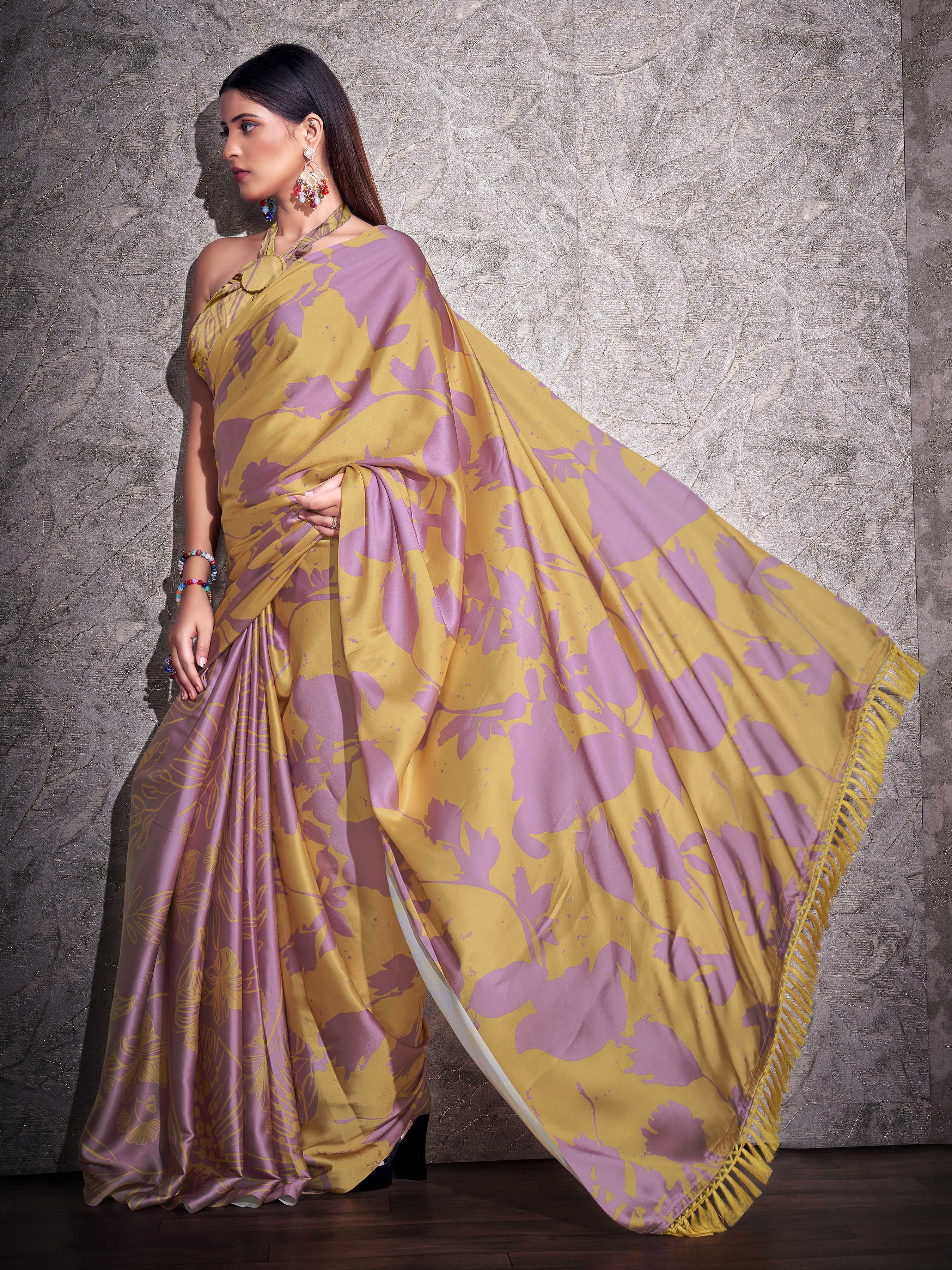 Two ways wearable lavendar and mustard colored digital printed floral satin saree with tassles