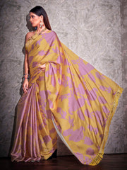 Two ways wearable lavendar and mustard colored digital printed floral satin saree with tassles