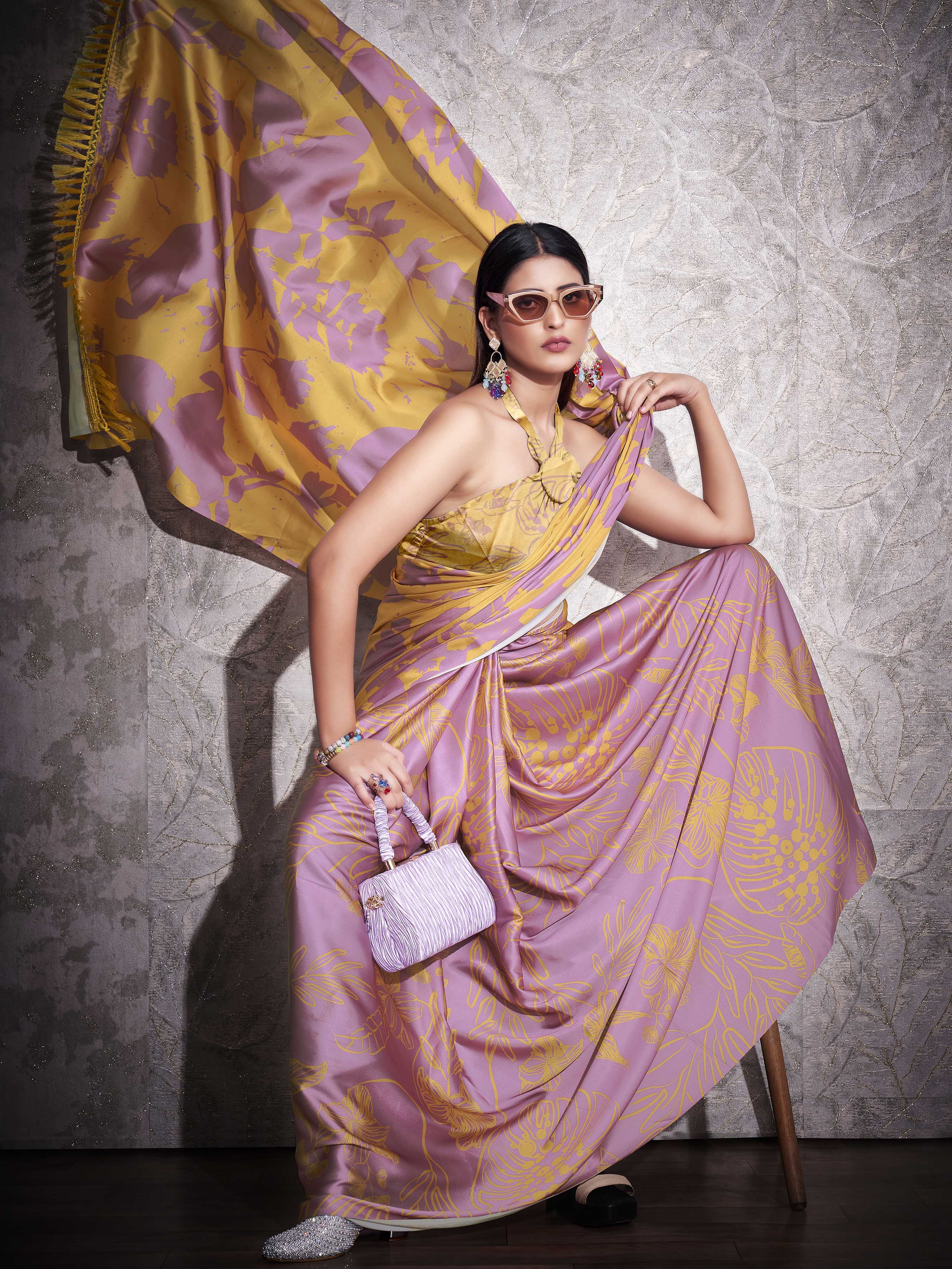 Two ways wearable lavendar and mustard colored digital printed floral satin saree with tassles