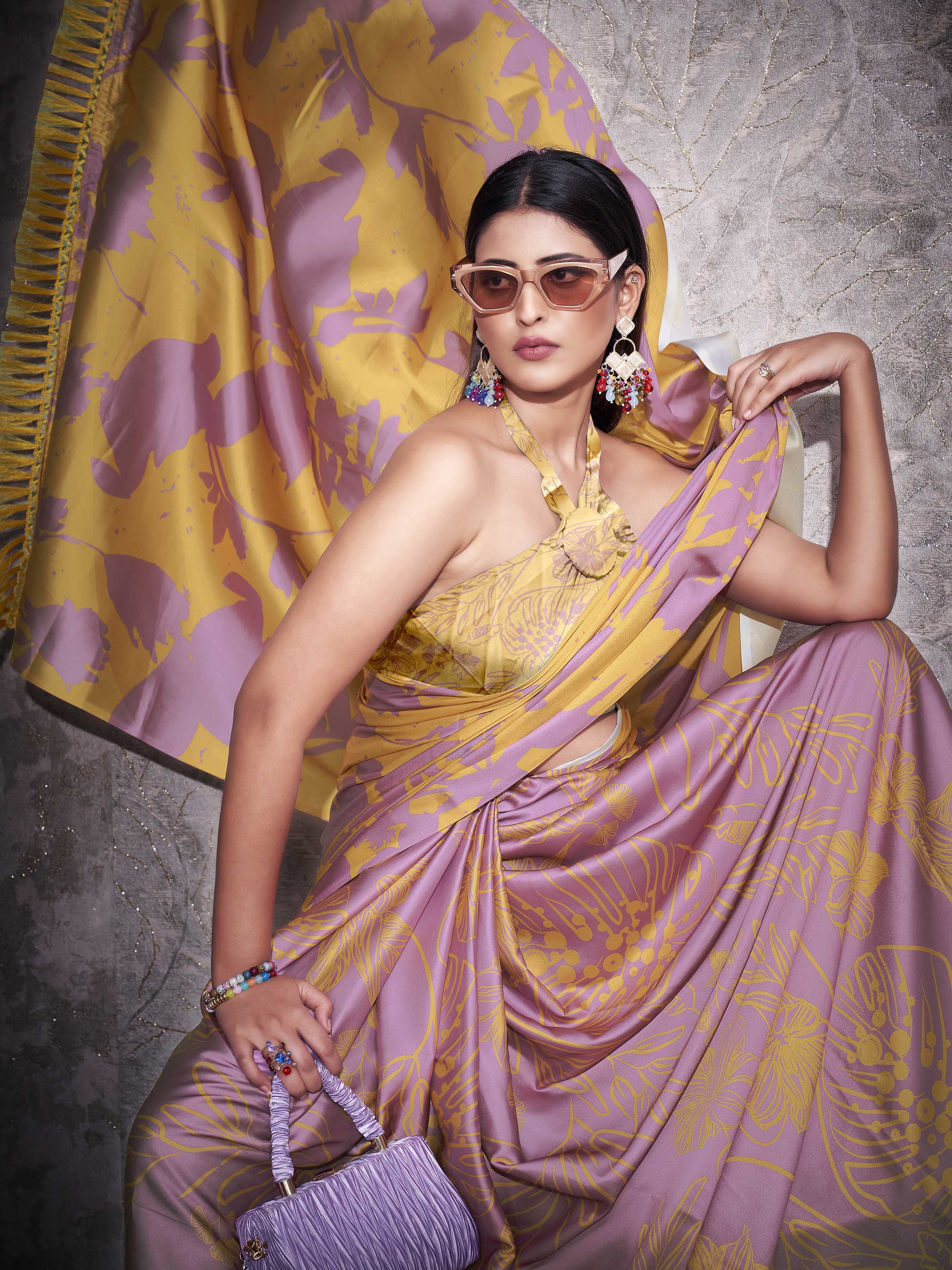 Two ways wearable lavendar and mustard colored digital printed floral satin saree with tassles