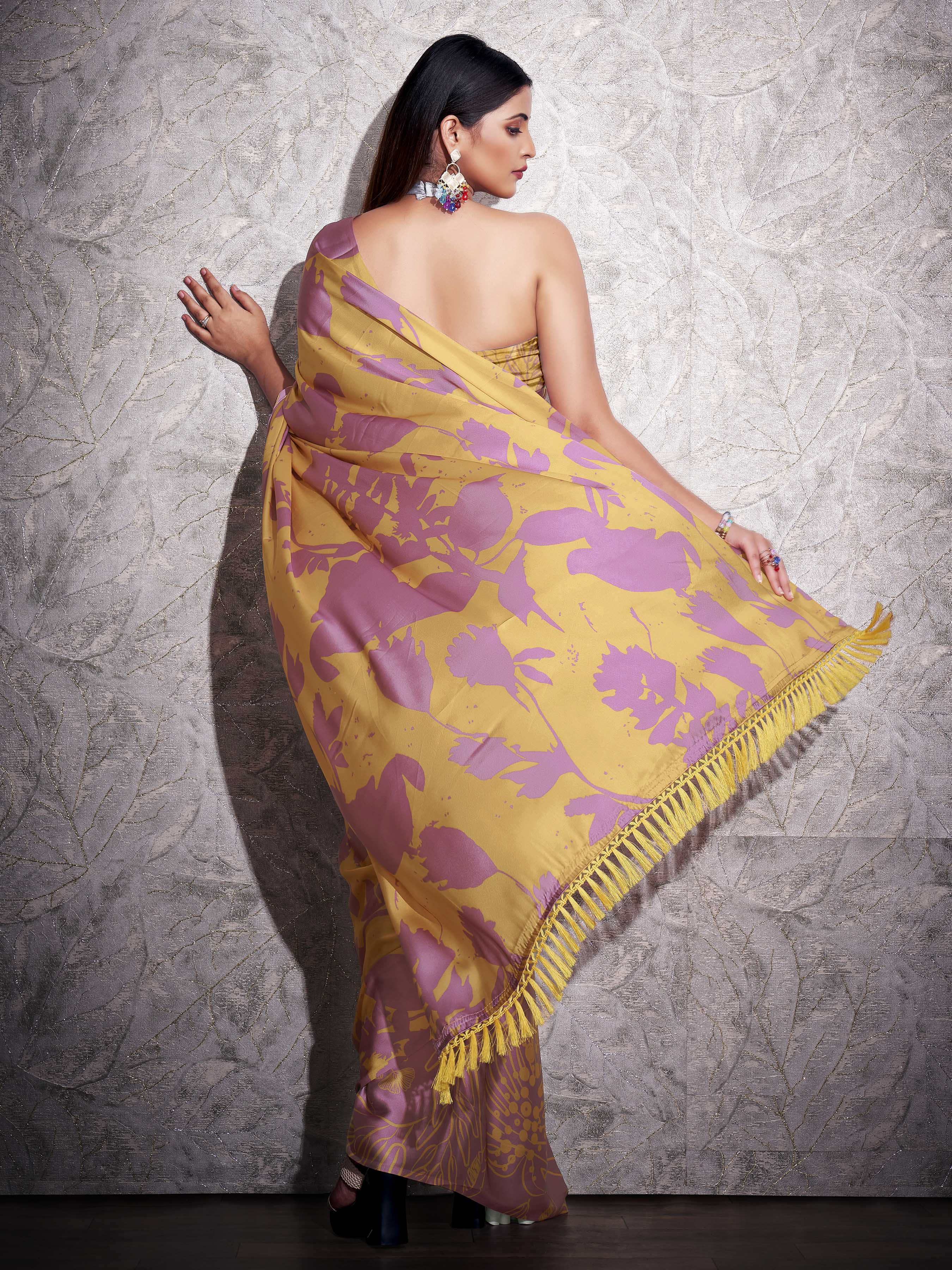 Two ways wearable lavendar and mustard colored digital printed floral satin saree with tassles