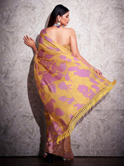 Two ways wearable lavendar and mustard colored digital printed floral satin saree with tassles