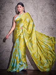 Two ways wearable green and turquoise colored digital printed floral satin saree with tassles