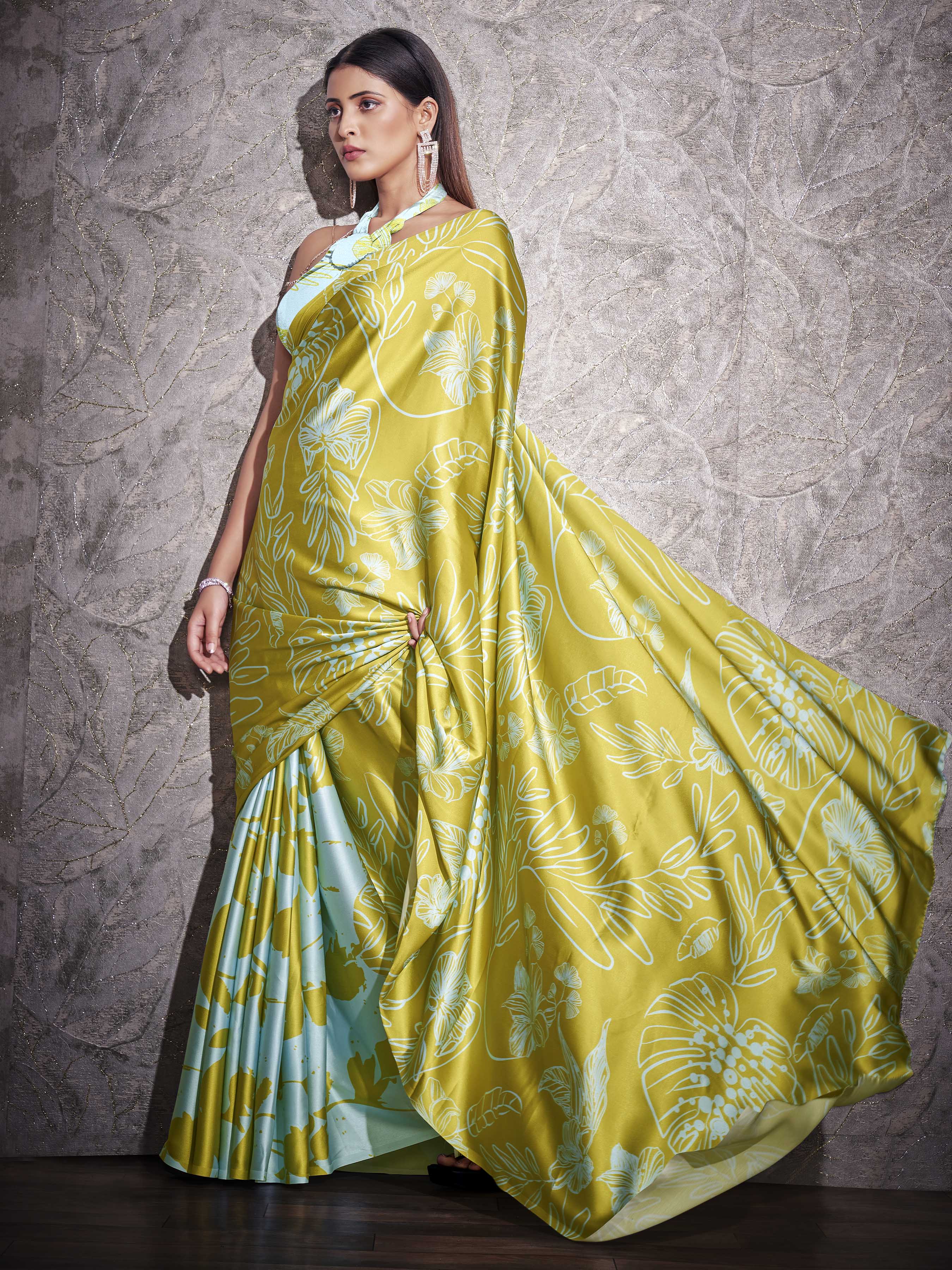 Two ways wearable green and turquoise colored digital printed floral satin saree with tassles