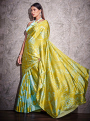 Two ways wearable green and turquoise colored digital printed floral satin saree with tassles