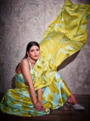 Two ways wearable green and turquoise colored digital printed floral satin saree with tassles