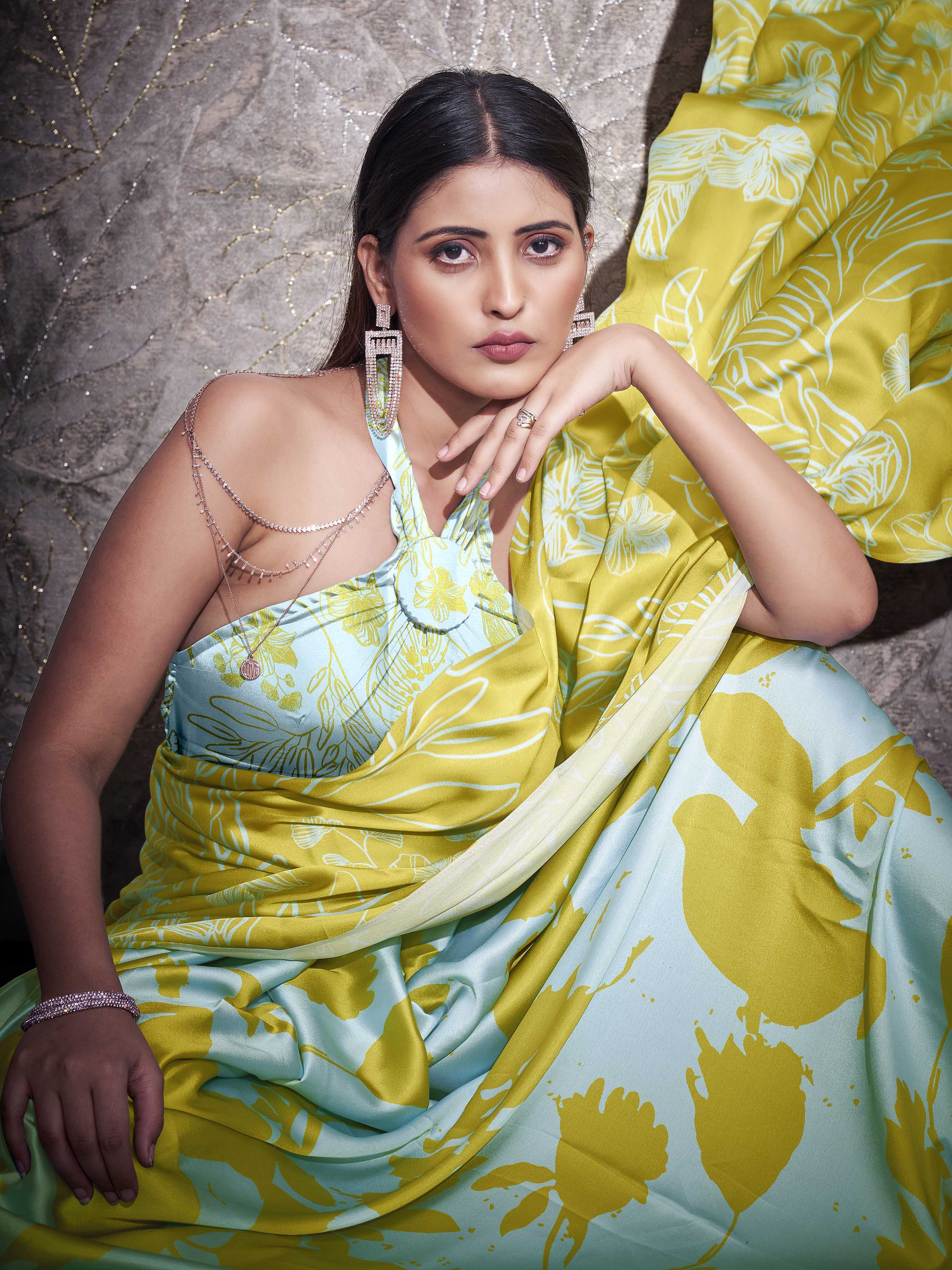 Two ways wearable green and turquoise colored digital printed floral satin saree with tassles