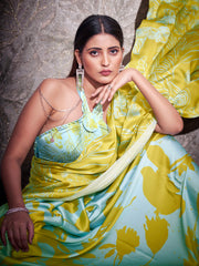 Two ways wearable green and turquoise colored digital printed floral satin saree with tassles