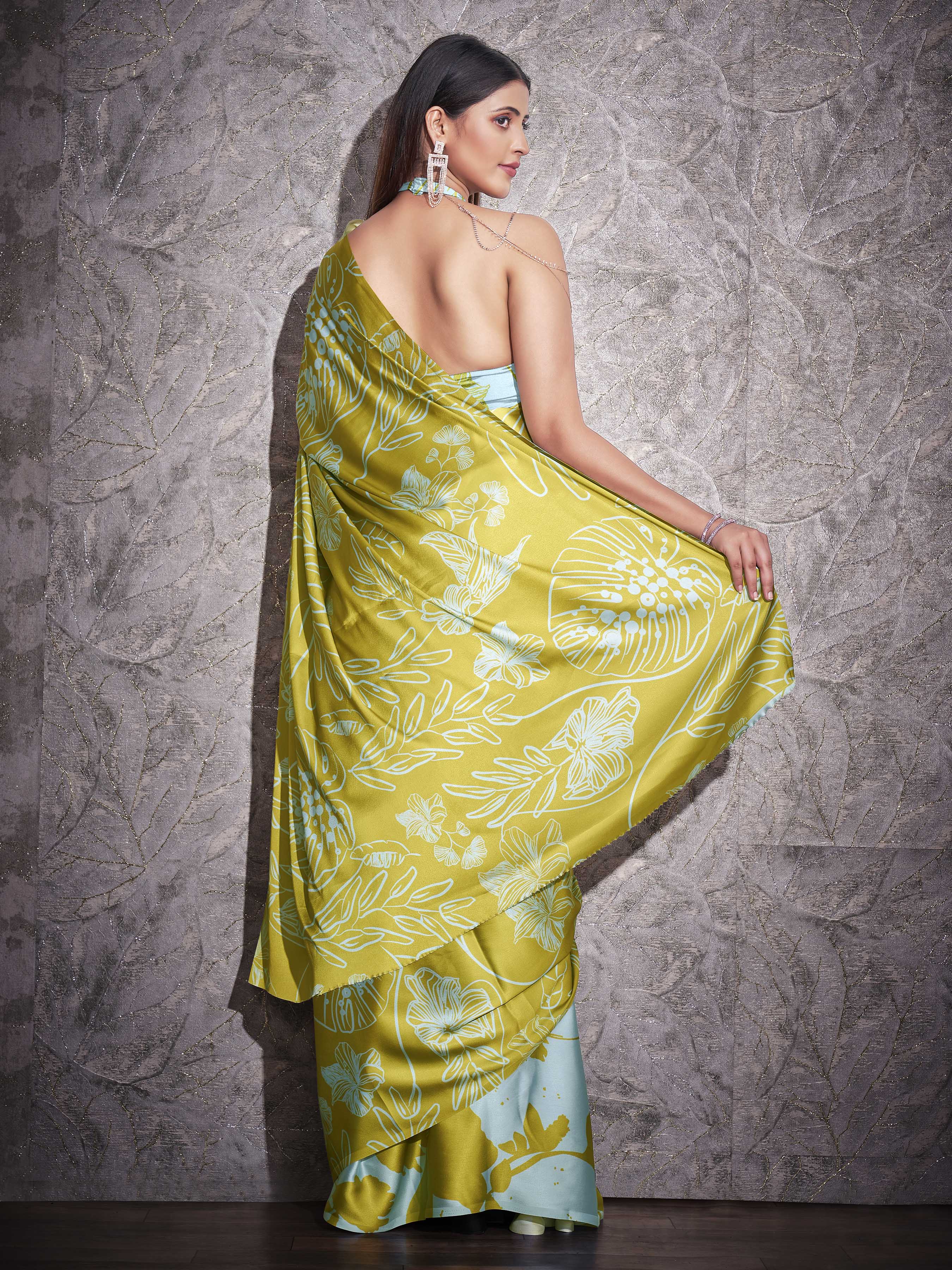 Two ways wearable green and turquoise colored digital printed floral satin saree with tassles