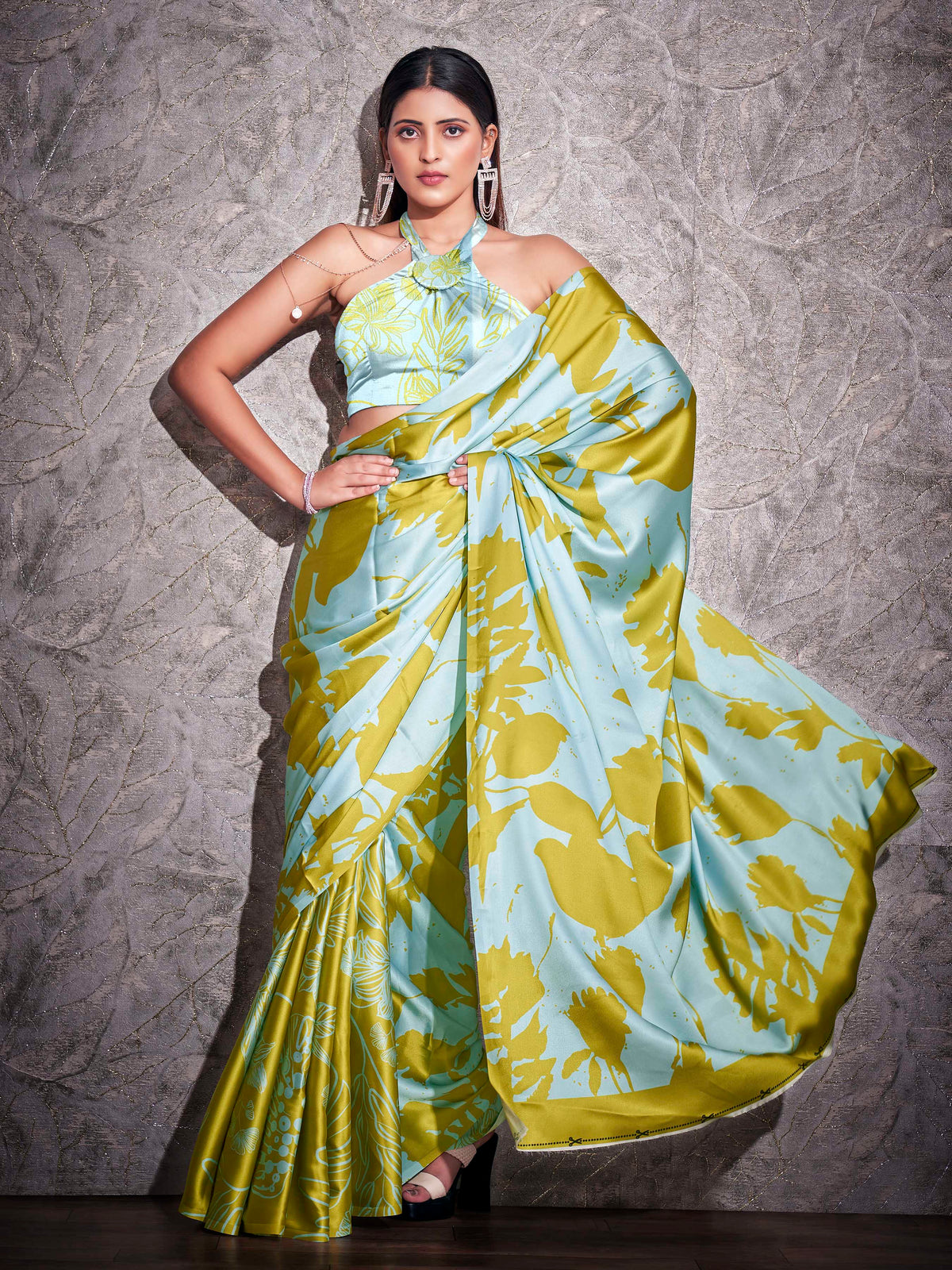 Two ways wearable green and turquoise colored digital printed floral satin saree with tassles