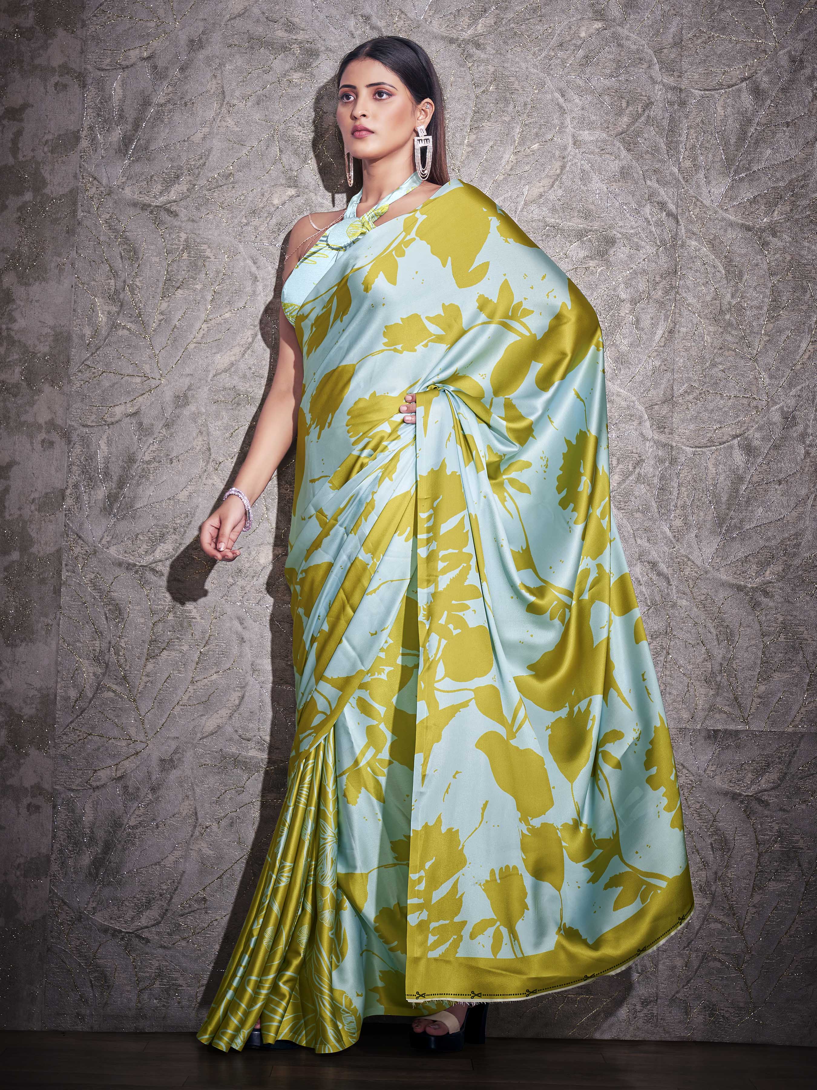 Two ways wearable green and turquoise colored digital printed floral satin saree with tassles