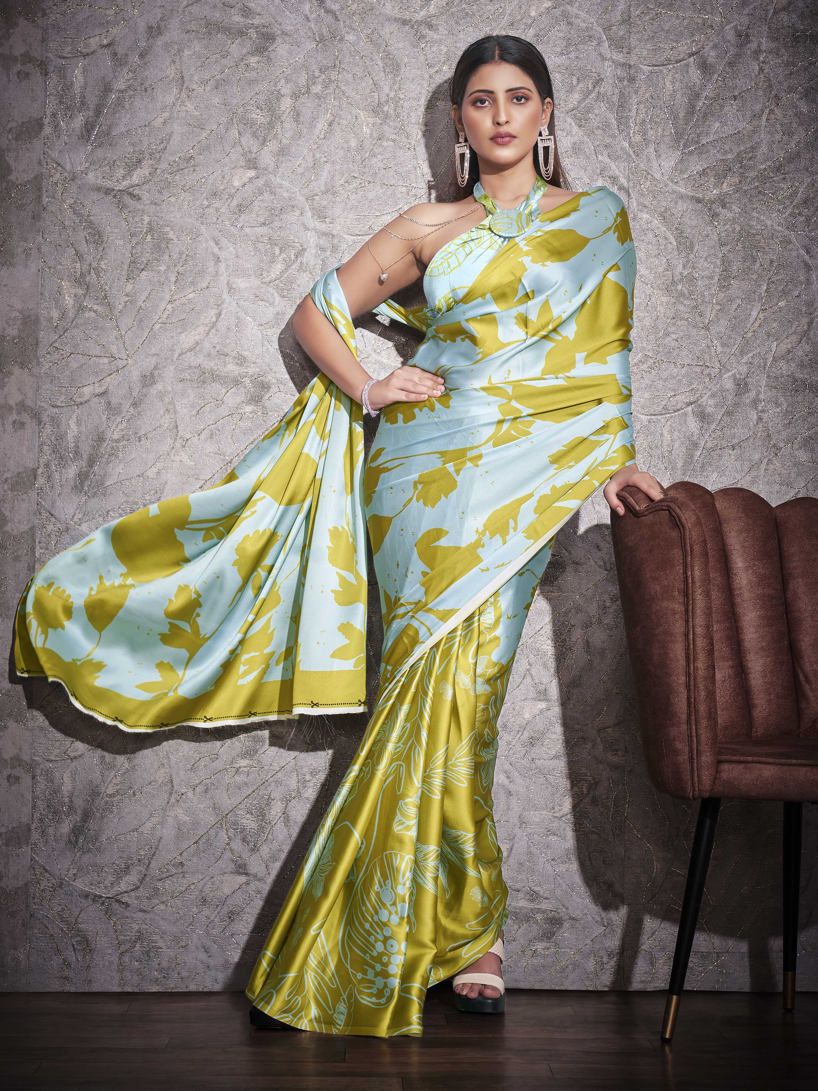 Two ways wearable green and turquoise colored digital printed floral satin saree with tassles