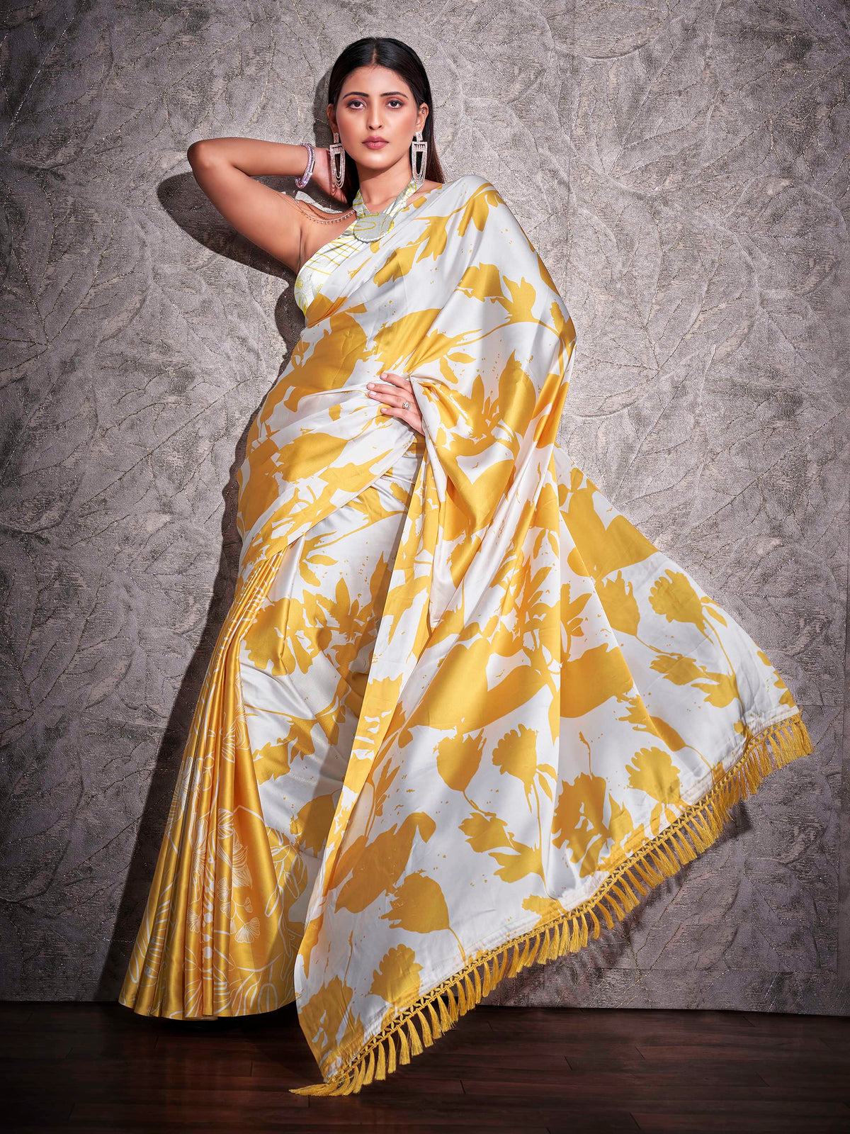 Two ways wearable cream and yellow colored digital printed floral satin saree with tassles