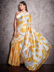 Two ways wearable cream and yellow colored digital printed floral satin saree with tassles