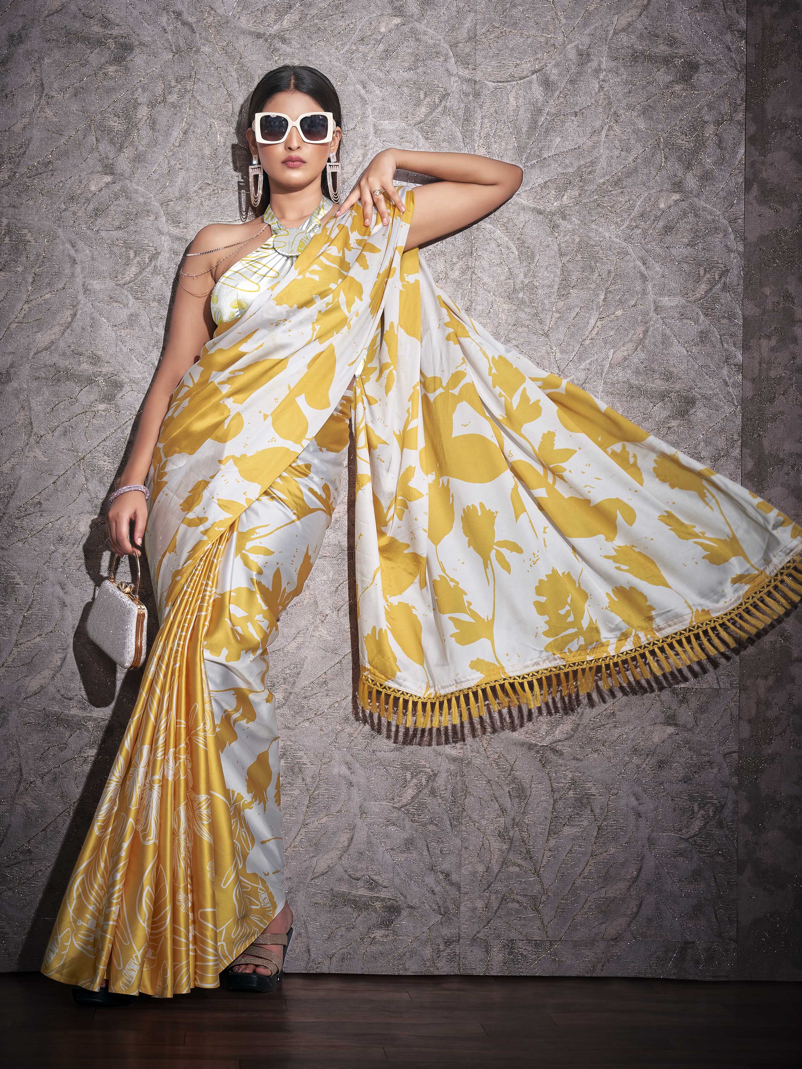 Two ways wearable cream and yellow colored digital printed floral satin saree with tassles