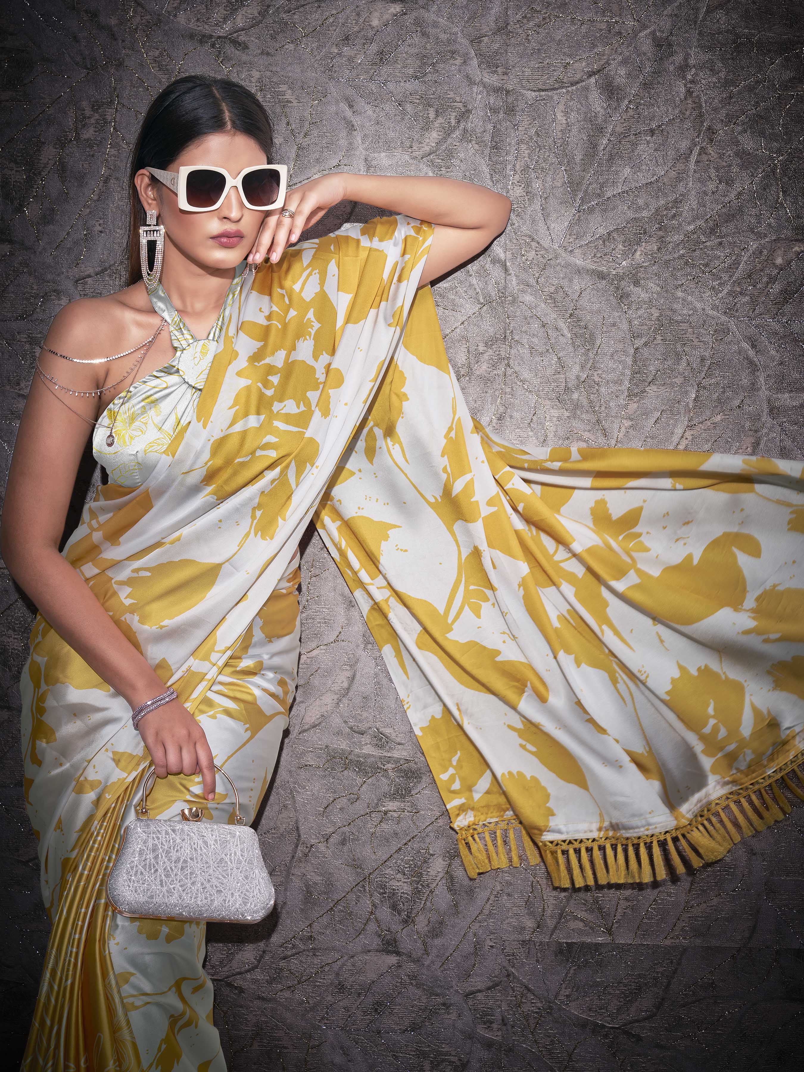 Two ways wearable cream and yellow colored digital printed floral satin saree with tassles