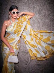 Two ways wearable cream and yellow colored digital printed floral satin saree with tassles