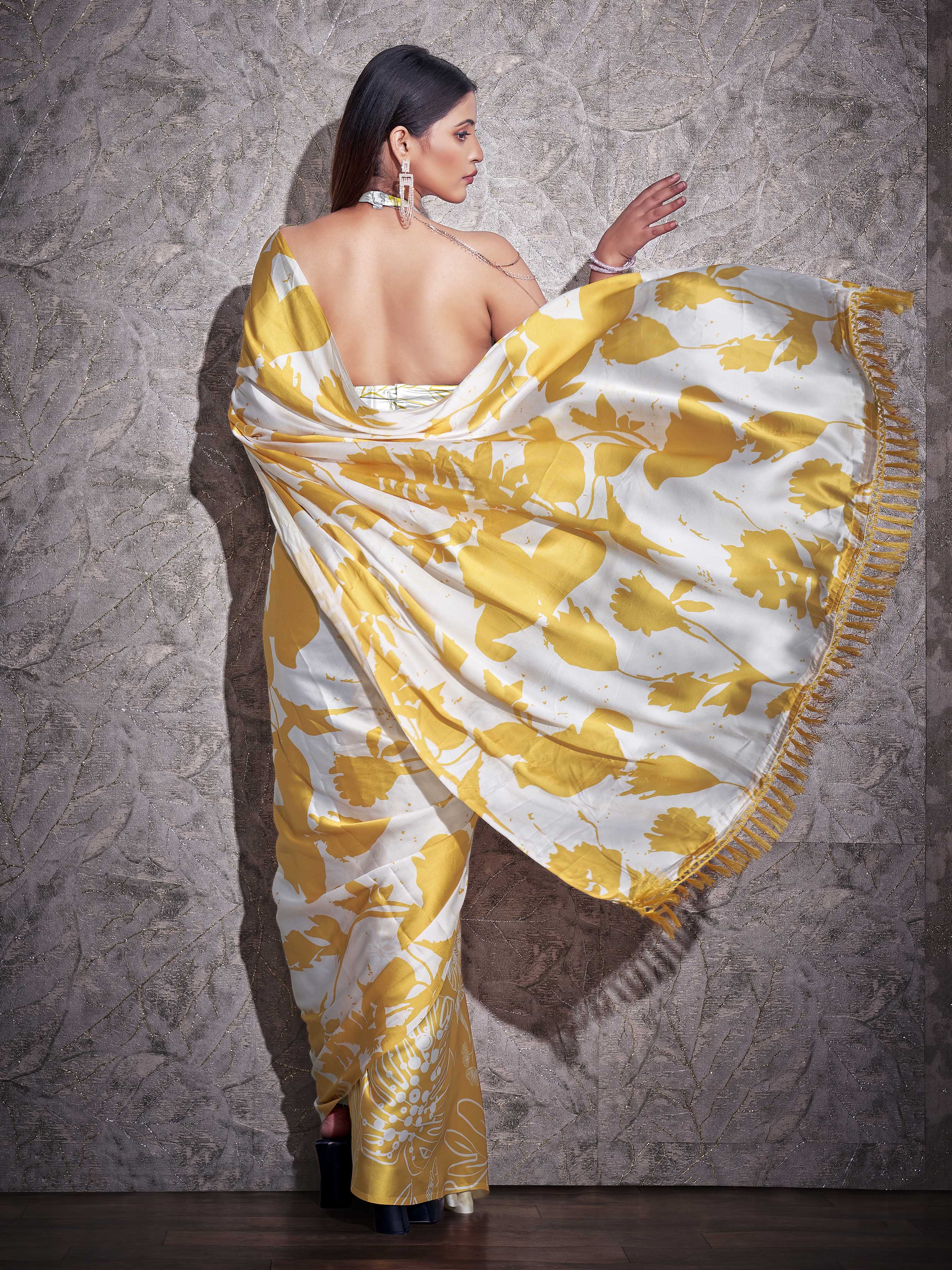 Two ways wearable cream and yellow colored digital printed floral satin saree with tassles