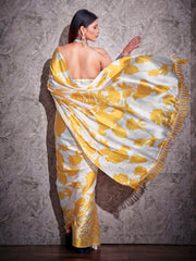 Two ways wearable cream and yellow colored digital printed floral satin saree with tassles