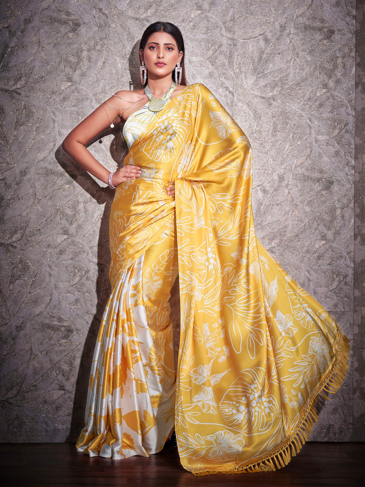 Two ways wearable cream and yellow colored digital printed floral satin saree with tassles