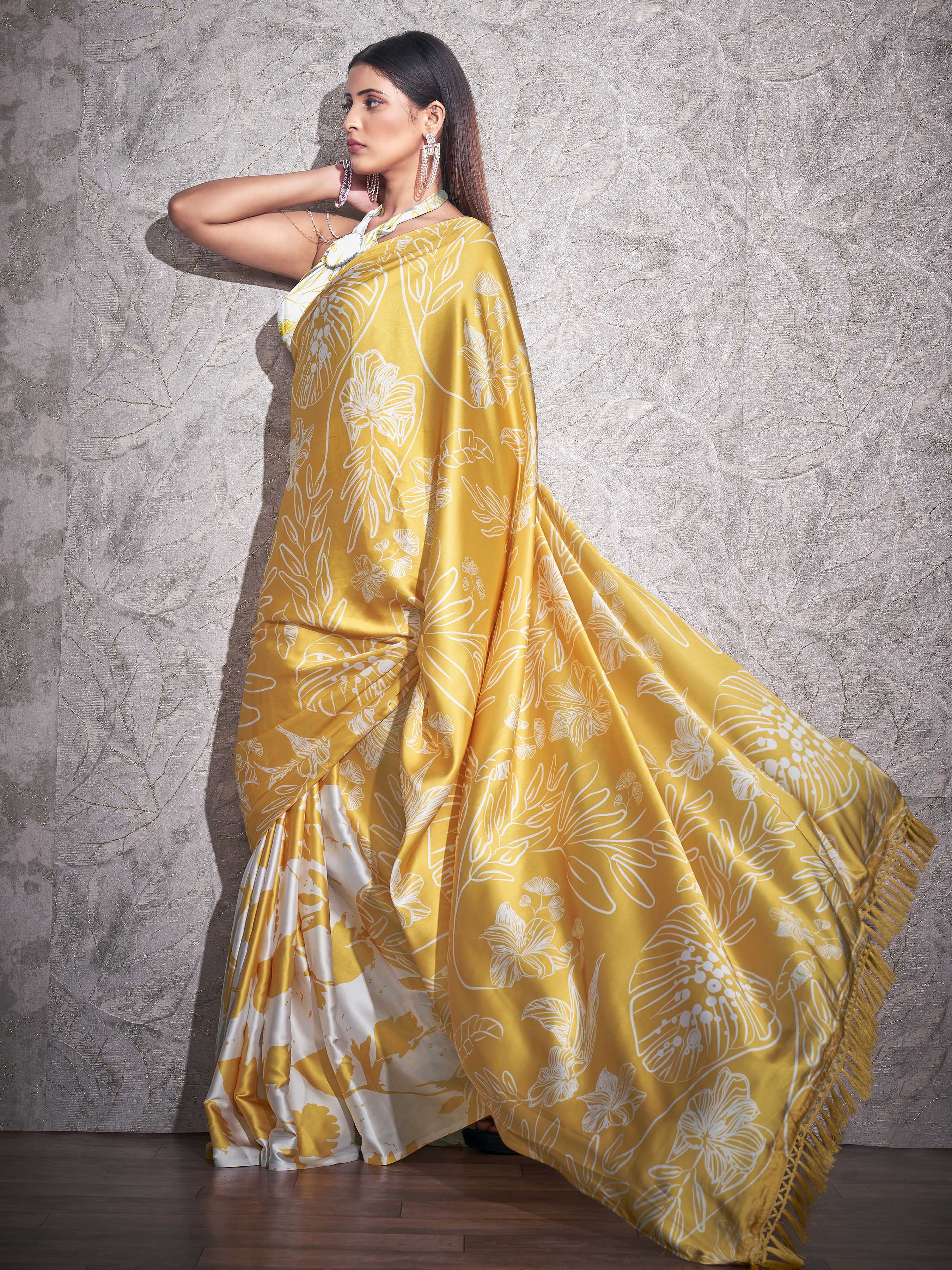 Two ways wearable cream and yellow colored digital printed floral satin saree with tassles