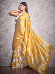 Two ways wearable cream and yellow colored digital printed floral satin saree with tassles