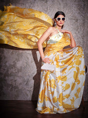 Two ways wearable cream and yellow colored digital printed floral satin saree with tassles