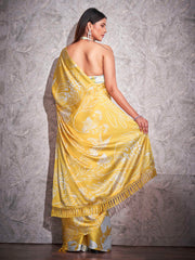 Two ways wearable cream and yellow colored digital printed floral satin saree with tassles