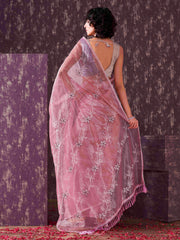 Pink colored half and half sequin embroidered net saree with embellished lace