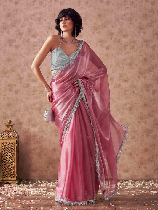 Pink colored satin chiffon saree with fancy designer lace