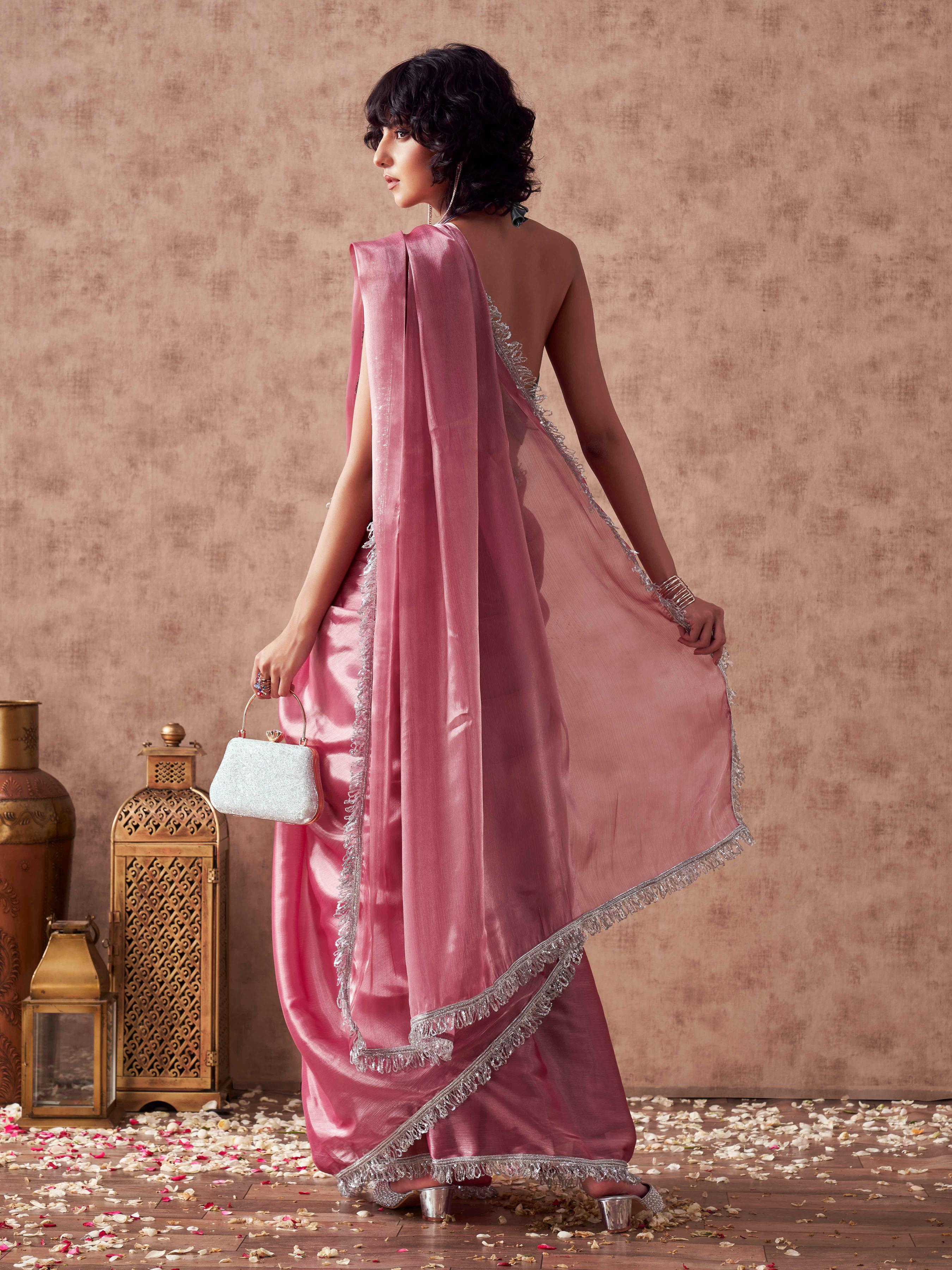 Pink colored satin chiffon saree with fancy designer lace