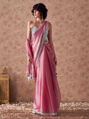 Pink colored satin chiffon saree with fancy designer lace