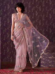 Rose gold colored sequined embroidered net saree with sequined lace